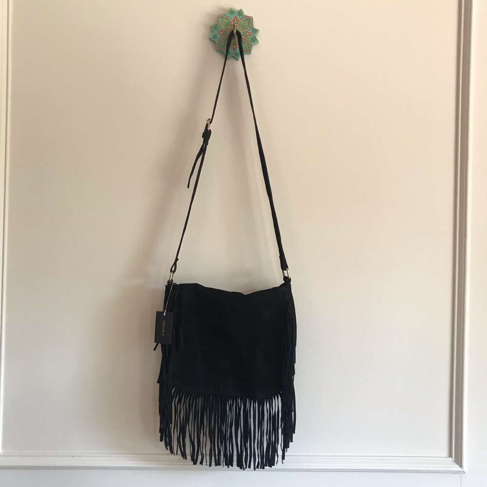 Genuine leather (suede) black fringe crossbody bag